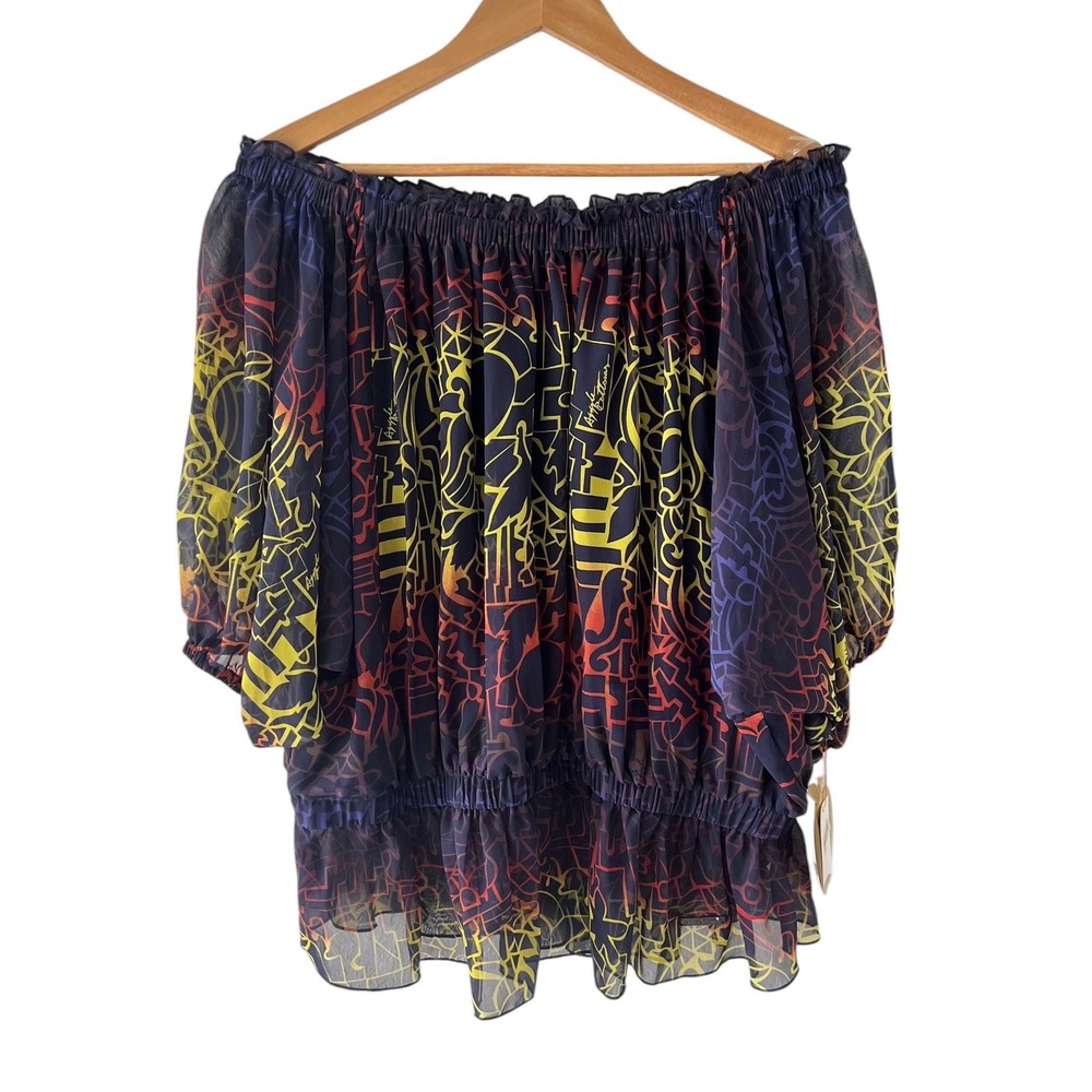 Apple Bottoms Y2K Graffiti Print Off Shoulder Smocked Top‎ Womens Plus Size 2X